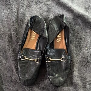 Zara Shiny Black Loafers with Gold Accent